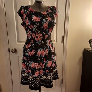 Elle Black Floral Capped Sleeve A-line Dress